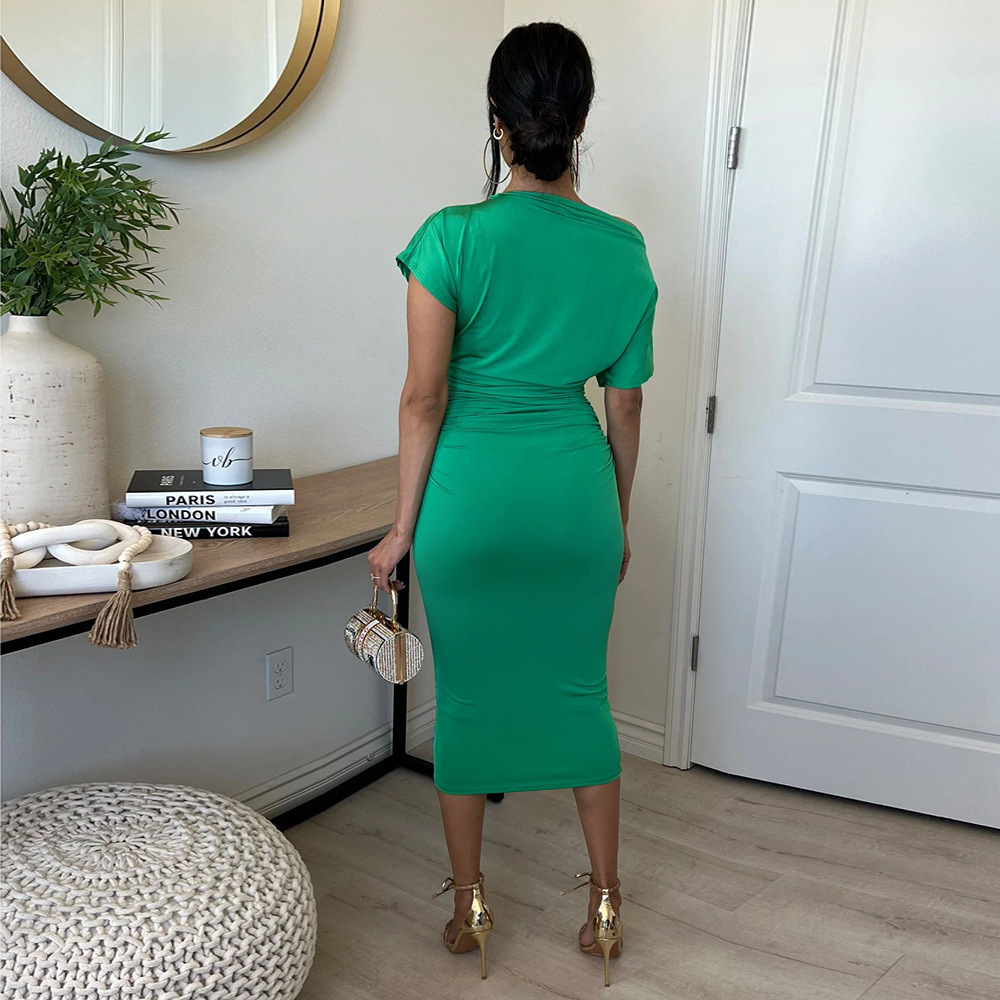 Women Clothing Popular Solid Color Pleated Slim-Fit Oblique Shoulder Dress 34 Women Clothing Popular Solid Color Pleated Slim-Fit Oblique Shoulder Dress