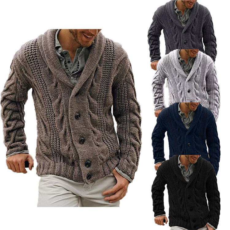 Men's Knitted Cardigan Autumn and Winter Solid Color Lapel Slim Fit Casual Versatile Fashion Sweater Jacket Cross-Border Factory Direct Sale