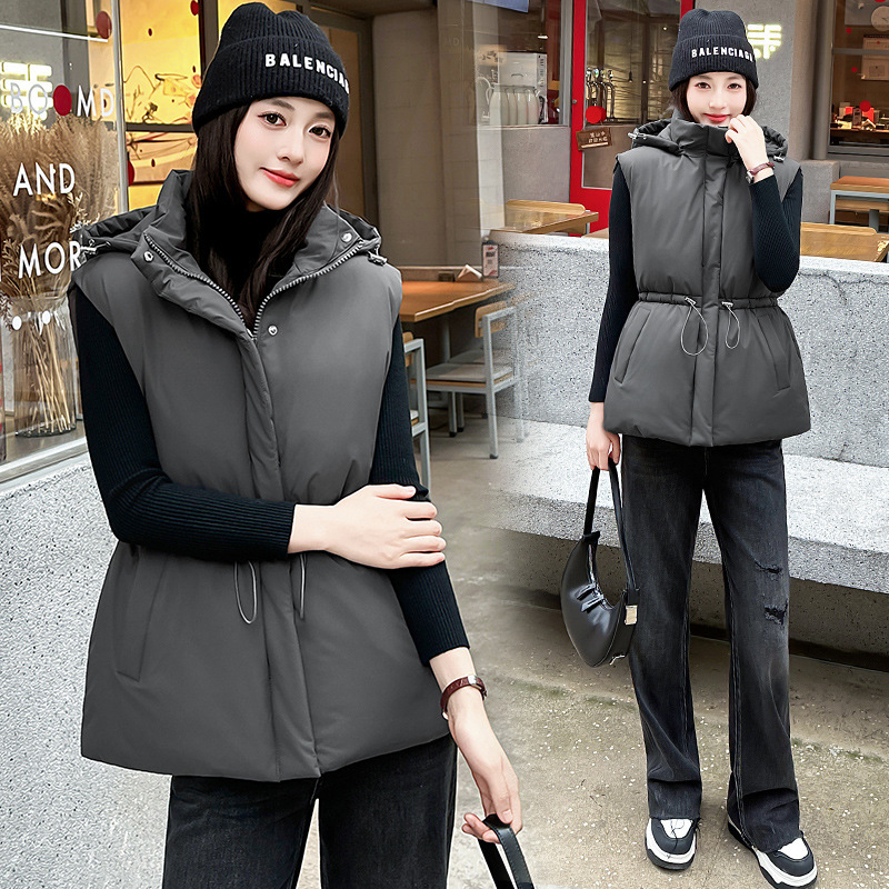 Women's Short Cotton Vest for Autumn and Winter, New Korean Style, Thickened, Slim Fit, Hooded, Waist-Cinching, Warm Vest Jacket Women's Short Cotton Vest for Autumn and Winter, New Korean Style, Thickened, Slim Fit, Hooded, Waist-Cinching, Warm Vest Jacket