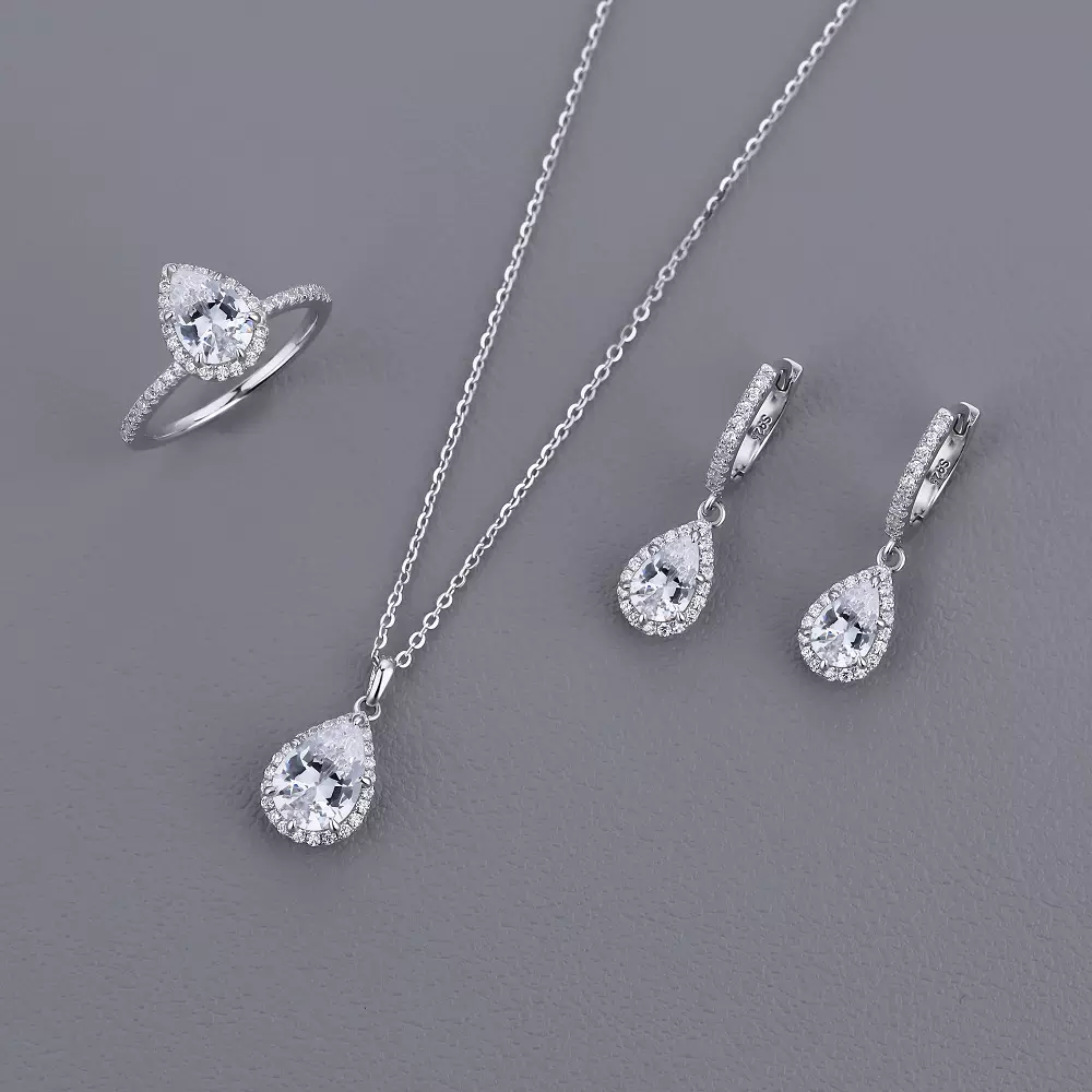 s925纯银水滴锆石镶嵌项链女潮流轻奢戒指简约百搭耳饰高级感套装