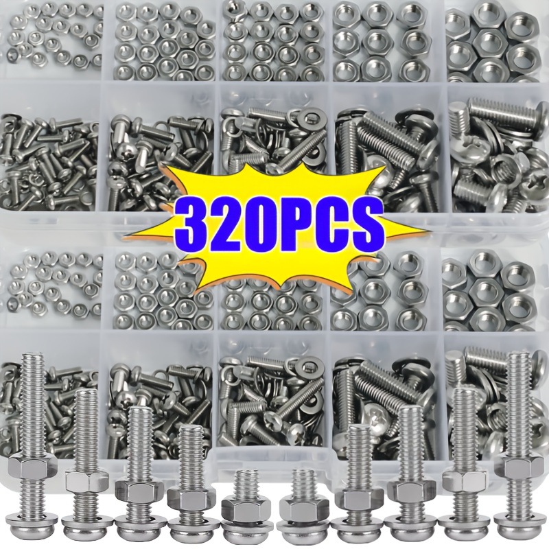 320pcs 盒装 十字圆头螺栓螺母垫圈组合套件M2 M2.5 M3 M4 M5