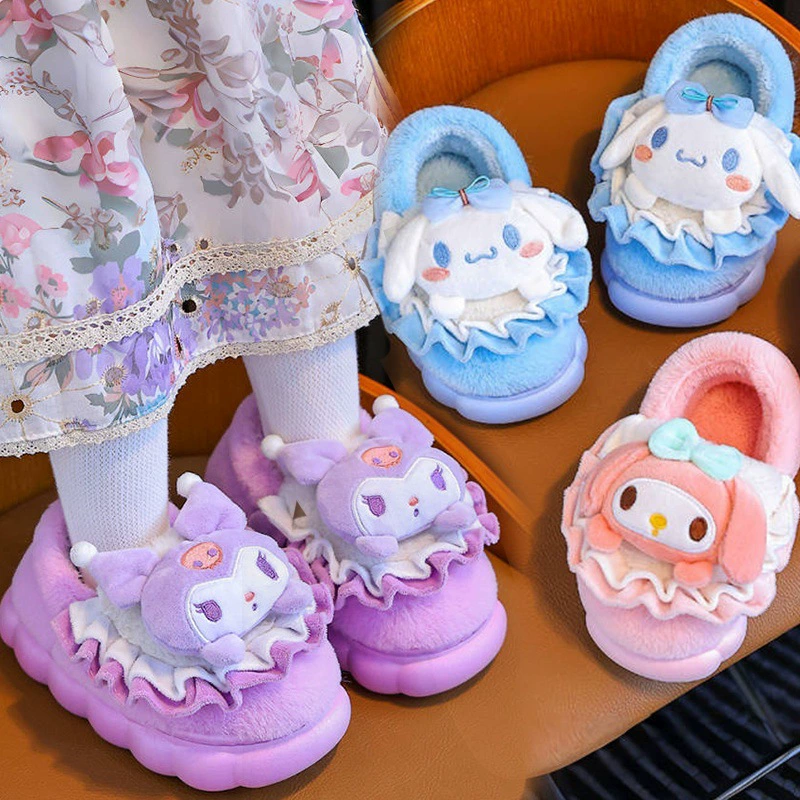 Хлопковая обувь для девочек, зимние домашние теплые домашние плюшевые тапочки на флисовой подкладке с утолщенной детской сумкой на каблуке, нескользящие милые домашние плюшевые тапочки