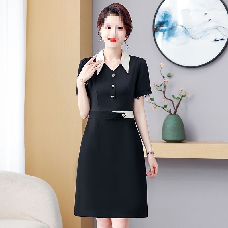 洋气妈妈夏装短袖连衣裙中老年高档女装假两件翻领女上衣时尚裙子