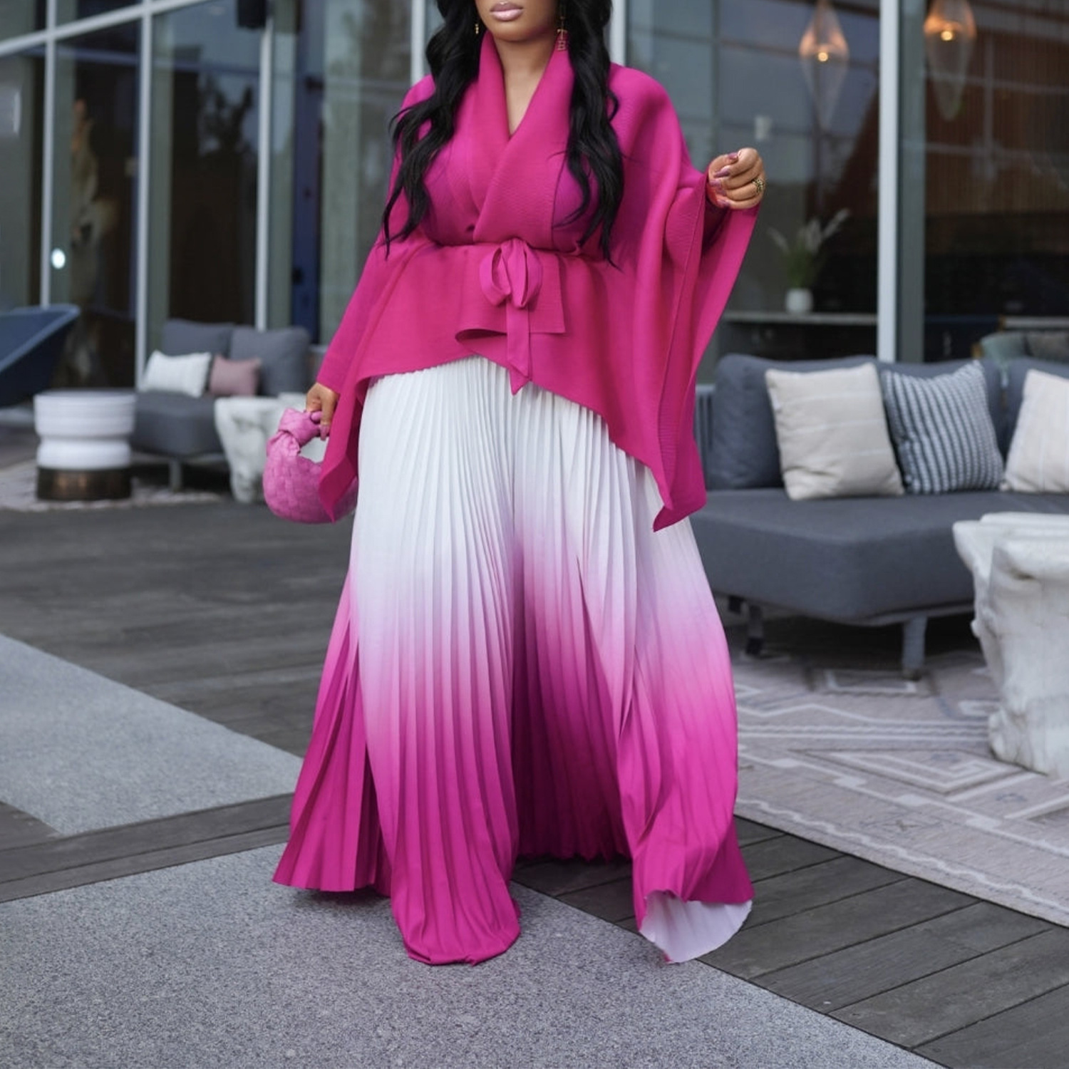 Damenbekleidung plissierter unregelmäßiger Schnürer oben mit Farbverlaufsrock zweiteiliger Anzug_voghion.com