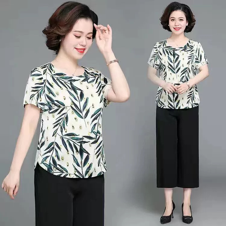 Silk summer clothing for mother, sleeves, summer set, with short sleeve, western style