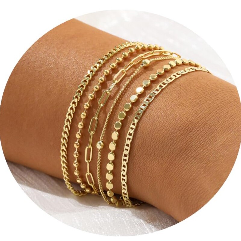 European and American New Women's Gold Chain Bracelet Set Personalized Fashion Cuban Stackable Multi-layer Metal Chain Bracelet Set