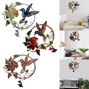 Metal Bird Art Decoration Living Room Hummingbird Flower Outdoor Metal Round Wall Pendant Decorations Factory Supply