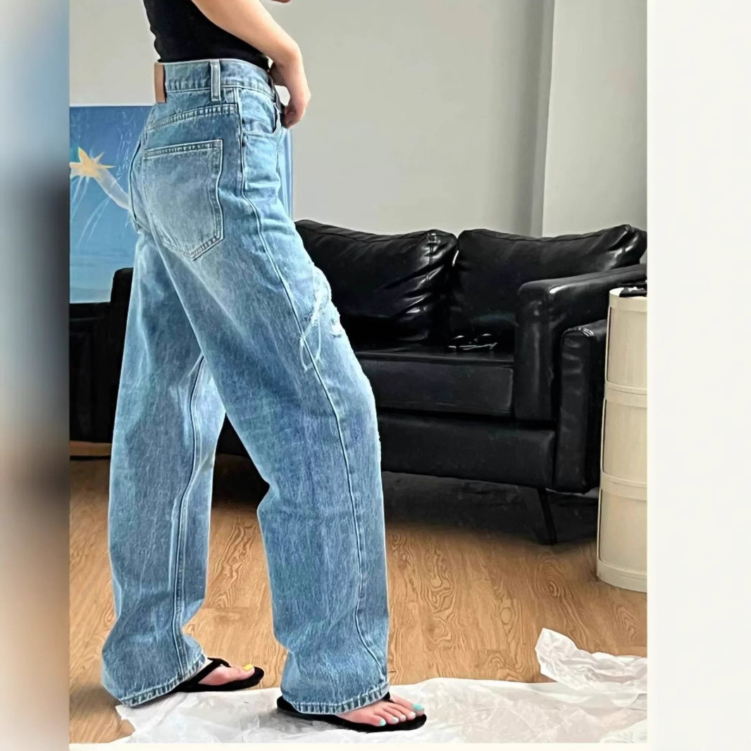 Hole without meat 2025ss summer simple fashion letters handmade old craft tattered high waist blue Denim