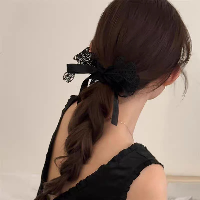 Elegante elastico per capelli con fiocco in pizzo nero_voghion.com
