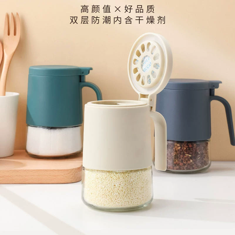 Прозрачная стеклянная коробка для приправ Бытовая бутылка для приправ с ручкой Пресс Открытая крышка и ложка Влагостойкая термостойкая банка для хранения приправ