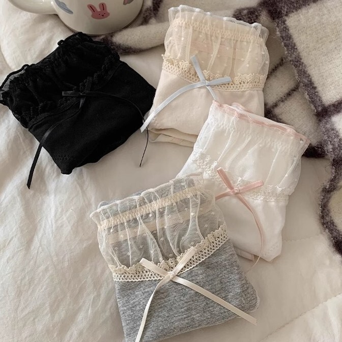 软软糯糯~甜美蕾丝网纱拼接纯棉女内裤舒适中腰包臀纯棉裆三角裤|undefined