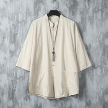 新中式唐装男士衬衫夏季中国风亚麻五分袖衬衣中袖盘扣禅意太极服