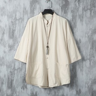 New Chinese Tang Suit Men's Shirt Summer Chinese Style Linen Quarter-Sleeved Shirt Mid-Sleeve Disc Button Zen Tai Chi Suit