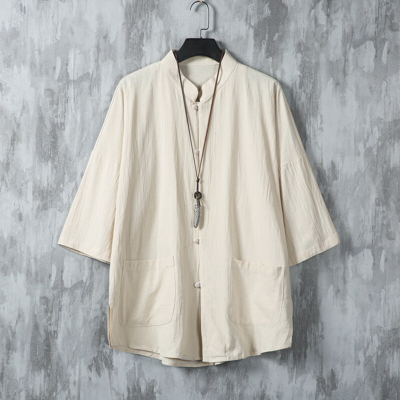 新中式唐装男士衬衫夏季中国风亚麻五分袖衬衣中袖盘扣禅意太极服