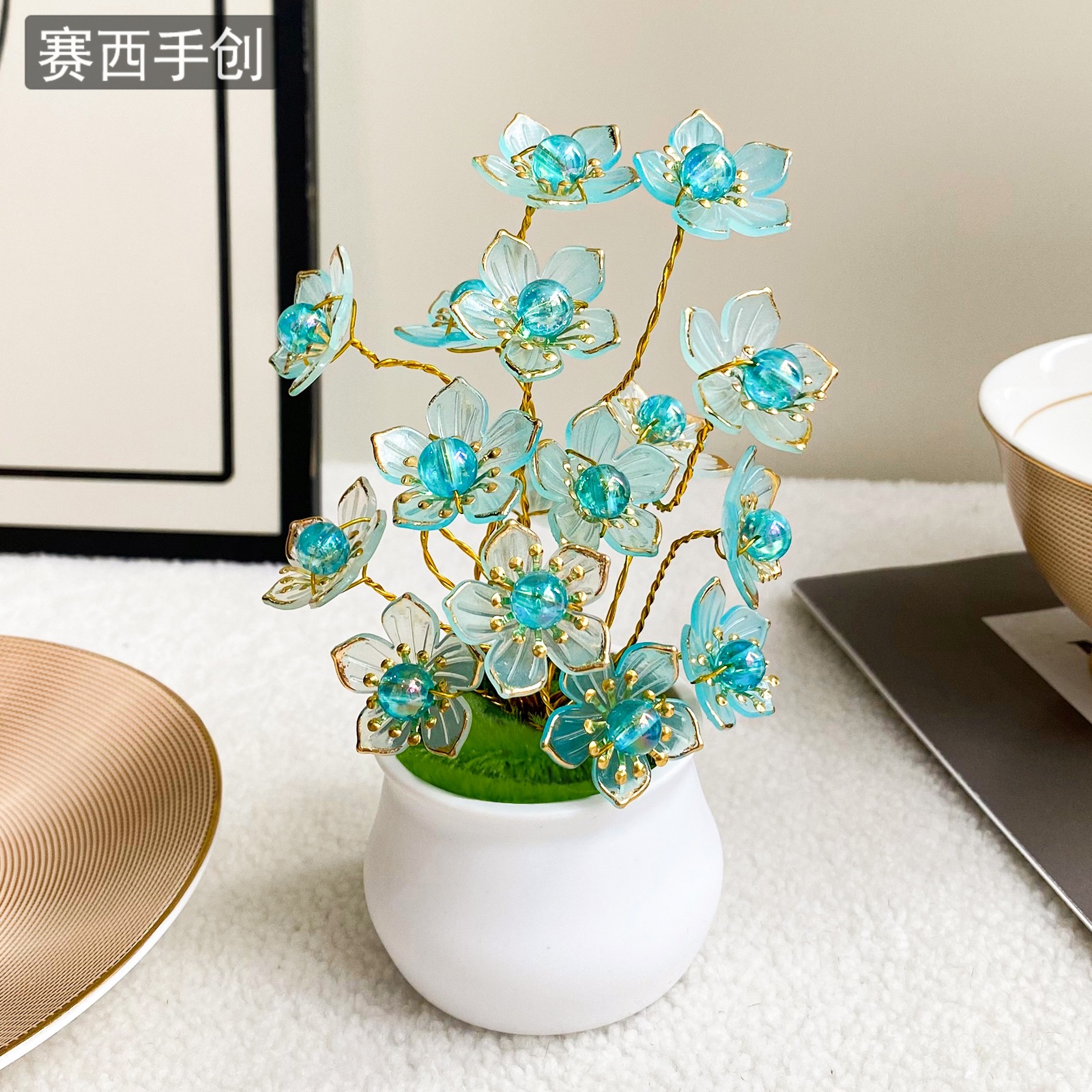 Saixi imitación de plantas en maceta con cuentas hechas a mano adornos frescos productos acabados imitación ramo de flores decoración doméstica pastoral L30