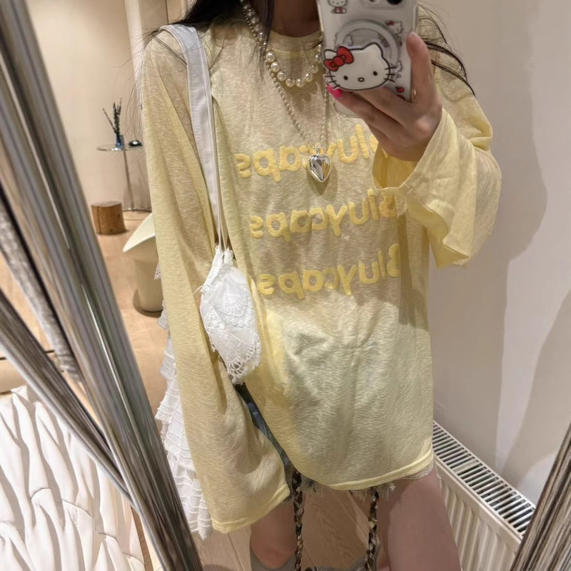 South Korea's Dongdaemun Fashionable Letter Foam Print Lazy Style Loose Sun Protection Long-Sleeved T-Shirt Women's Summer Thin Top