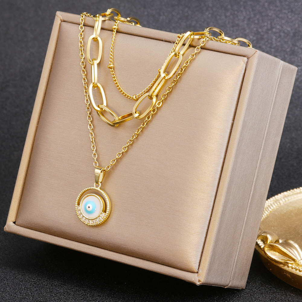 Fashion Eye Titanium Steel Plating Zircon Layered Necklaces 1 Piece