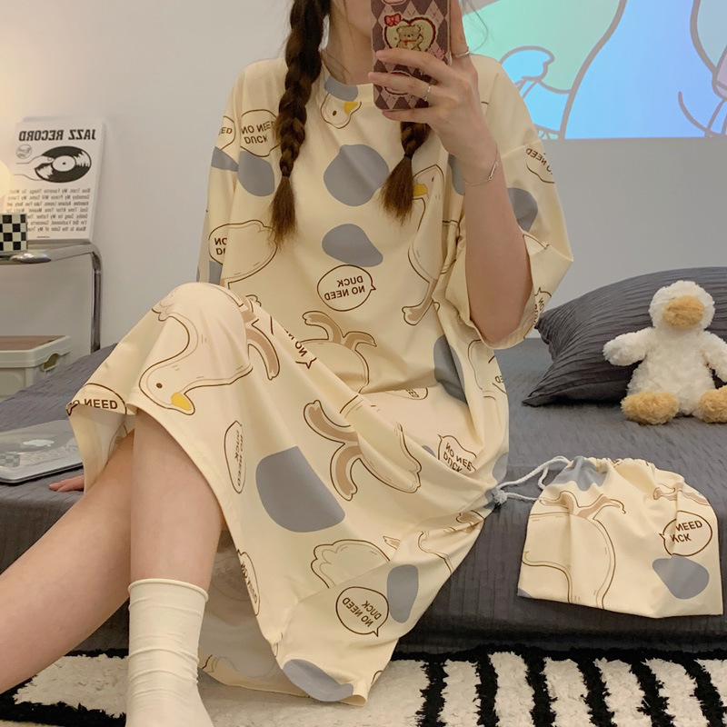Camisón de las niñas de manga corta de estilo coreano de dibujos animados estudiante homewear pijamas de verano delgado más el tamaño largo sobre la rodilla vestido