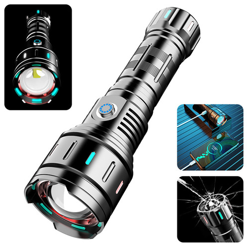 High-bright flashlight outdoor color-changing bright long-beam type-C fast charging tail safety hammer telescopic zoom flashlight