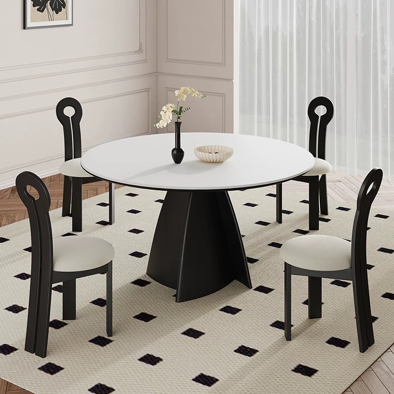 Mesa de comedor de madera maciza francesa doméstica negra minimalista redonda con mesa giratoria italiana moderna simple blanco puro retro tablero de roca redonda
