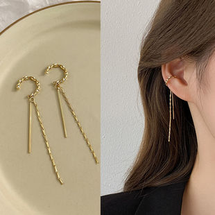 Ear Clip Without Piercing, High-End Ear Bone Clip, Simple Tassel Long Style, Daily Retro Summer Round Face Slimming Look Earrings for Women