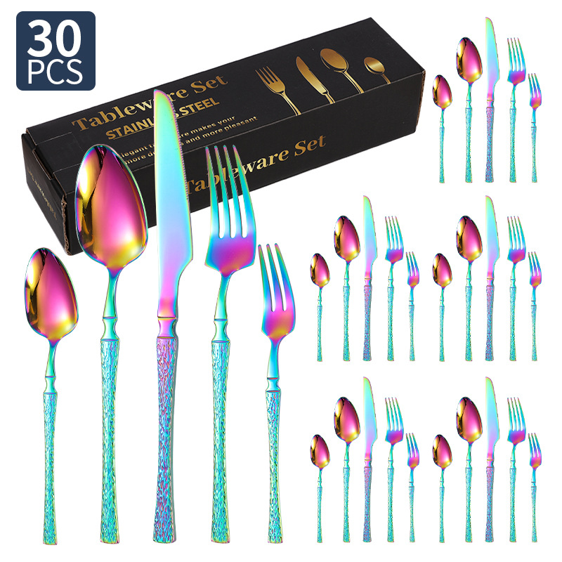 Cuchillos, tenedores y cucharas de acero inoxidable con cintura pequeña transfronteriza Juego de vajilla de acero inoxidable con cuchillo y tenedor de filete dorado, juego de 20/24/30