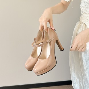 Cross-border foreign trade plus size waterproof platform heel shoes round head buckle thick heel shoes Korean fashion high heels