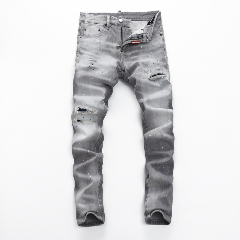 2025 Spring and Summer Stretch Washed Stretch Inkjet Tight Nightclub Fashion Ripped D2 Jeans Men's Pants