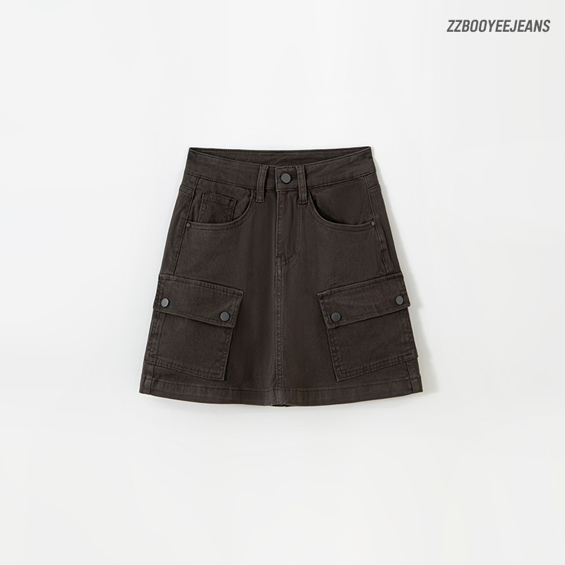 Dark Brown Tooling Denim Skirt Women's Lining Anti-glare A- line Skirt Pants High Waist Slimming Stretch High-quality Hot Girl Pants