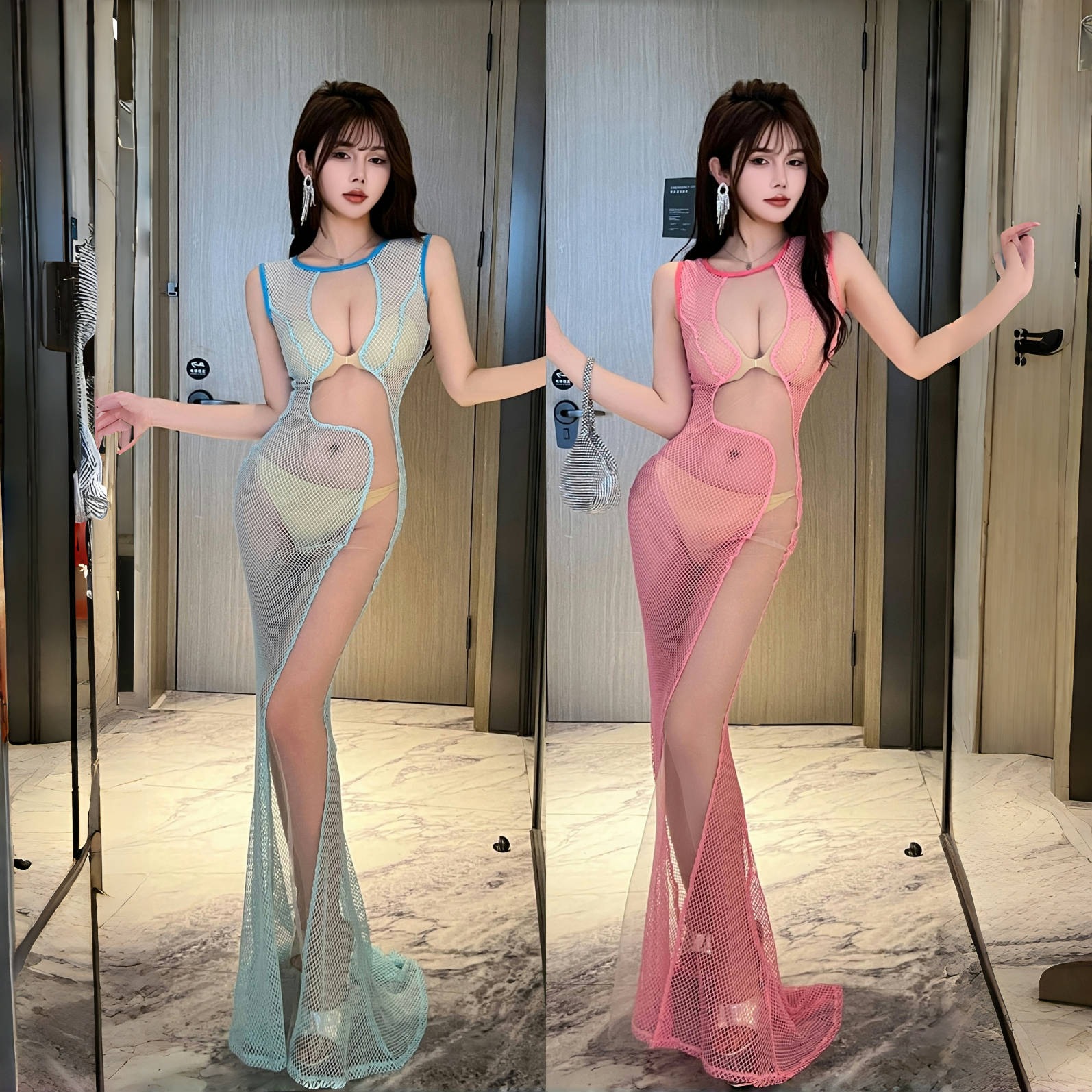 New Elastic Large Mesh Full See-Through Mesh Splicing Long Dress Nightclub Sexy Dress Nightclub Catwalk Fishtail Skirt
