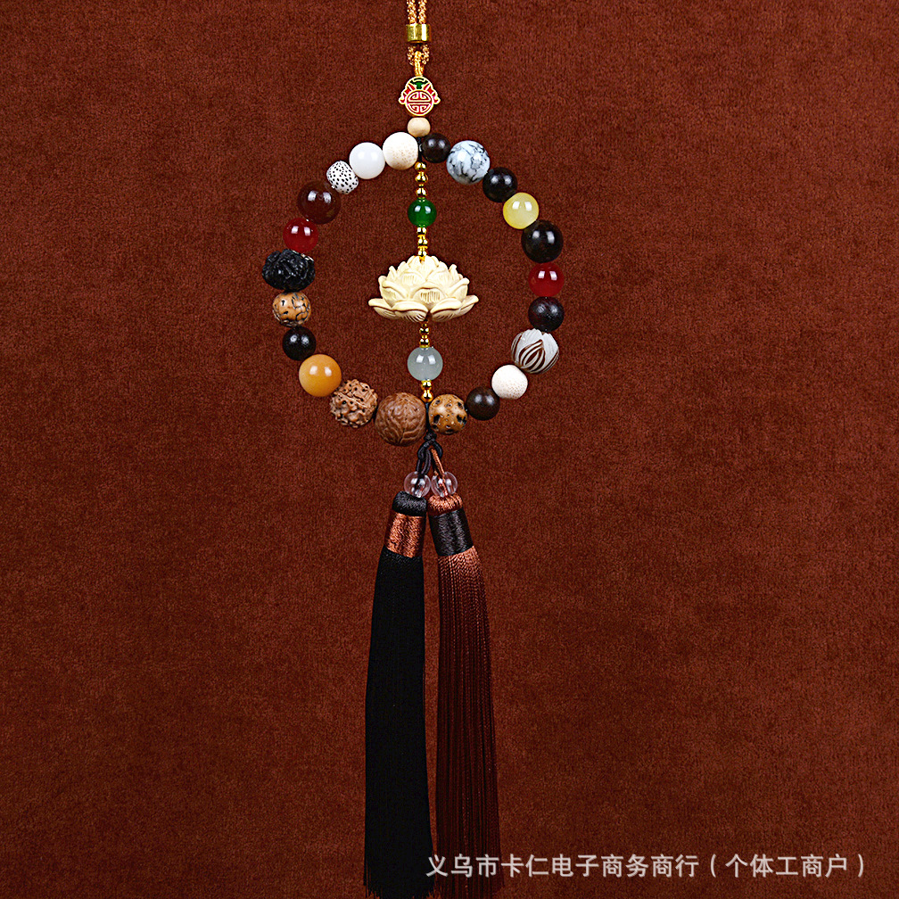 Rosary Beads Hanging, Mu Ding Yao Car hanging - 18-beads-boxwood-lotus-brown-double-tassel