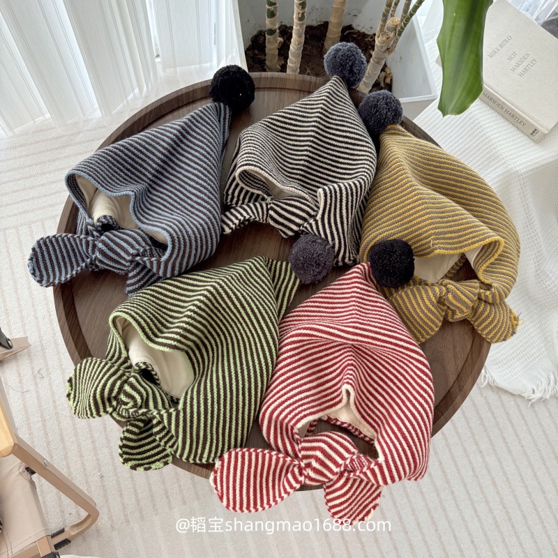 儿童帽子围脖一体帽可爱条纹毛球套头帽女宝宝护耳帽防风秋冬保暖