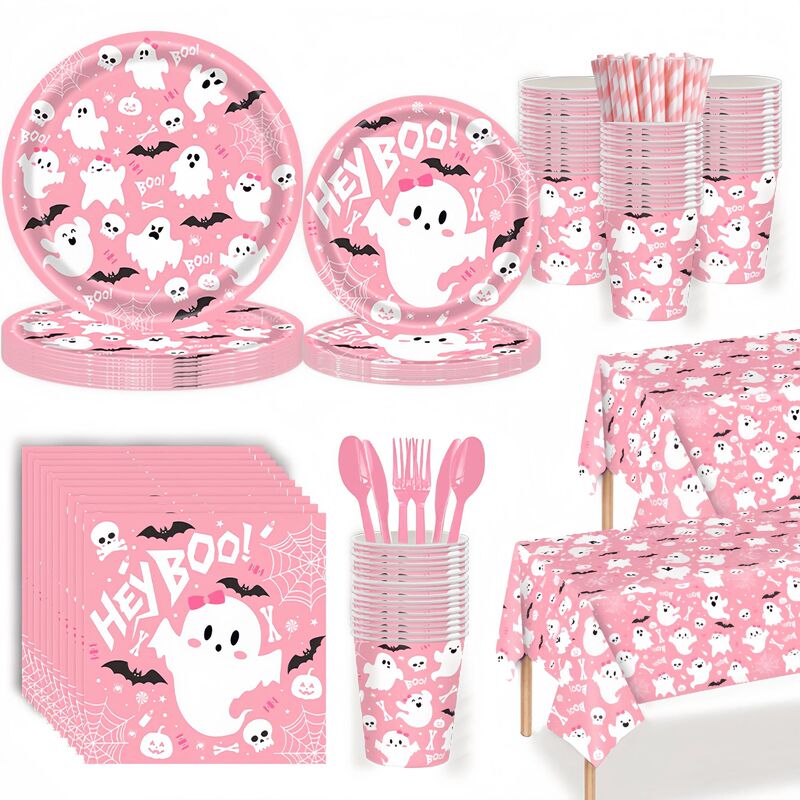 Pink BOO Little Ghost Halloween Tableware Set Disposable Paper Plates, Cups, Napkins, Tablecloth Party Supplies Pink BOO Little Ghost Halloween Tableware Set Disposable Paper Plates, Cups, Napkins, Tablecloth Party Supplies