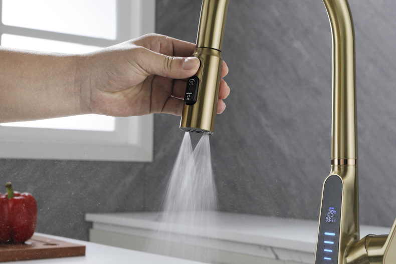 Konishi hydroelectric power digital display kitchen faucet pull-out sink faucet with brushed gold color undefined