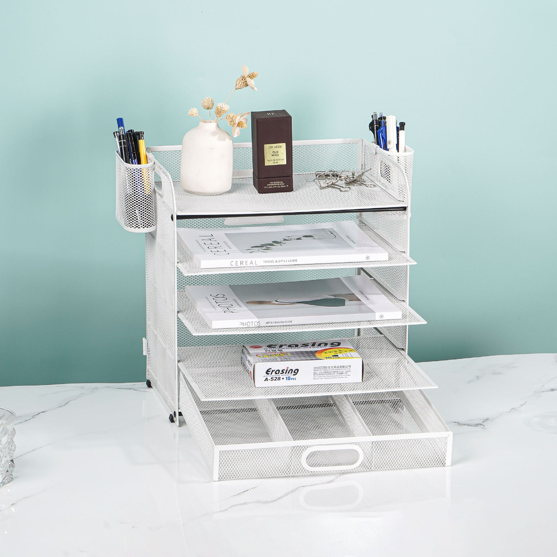 국경 간 사무실 5 층 데스크탑 금속 파일 랙 사무용품 서랍 형 파일 저장 랙 파일 프레임