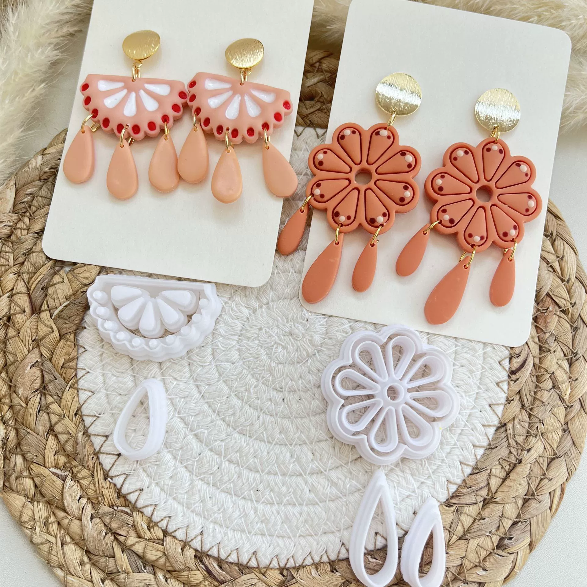 Set, ceramics, earrings, clay, highly precise mold, cutting die, (Cross-border trading), boho style