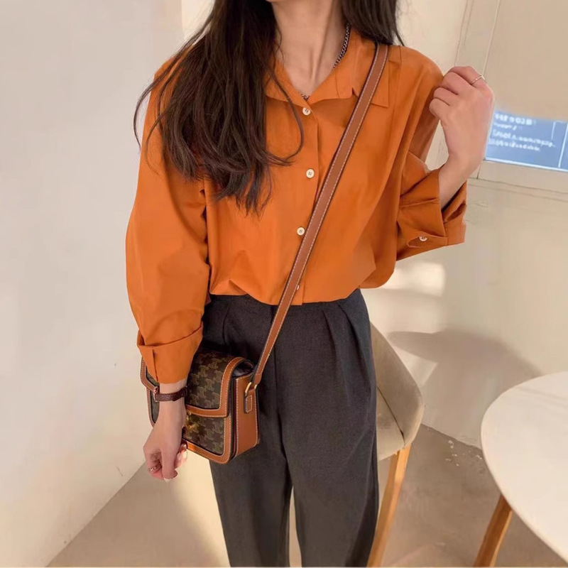 Korean Retro Orange Shirt for Women Spring and Summer New Pure Cotton Fashion Loose Versatile Long-Sleeve Sun-Protective Top Shirt Wholesale Korean Retro Orange Shirt for Women Spring and Summer New Pure Cotton Fashion Loose Versatile Long-Sleeve Sun-Protective Top Shirt Wholesale