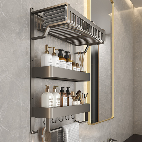 Bathroom storage rack bathroom toilet mesh basket towel rack no punching hand washing bathroom towel rack three layers