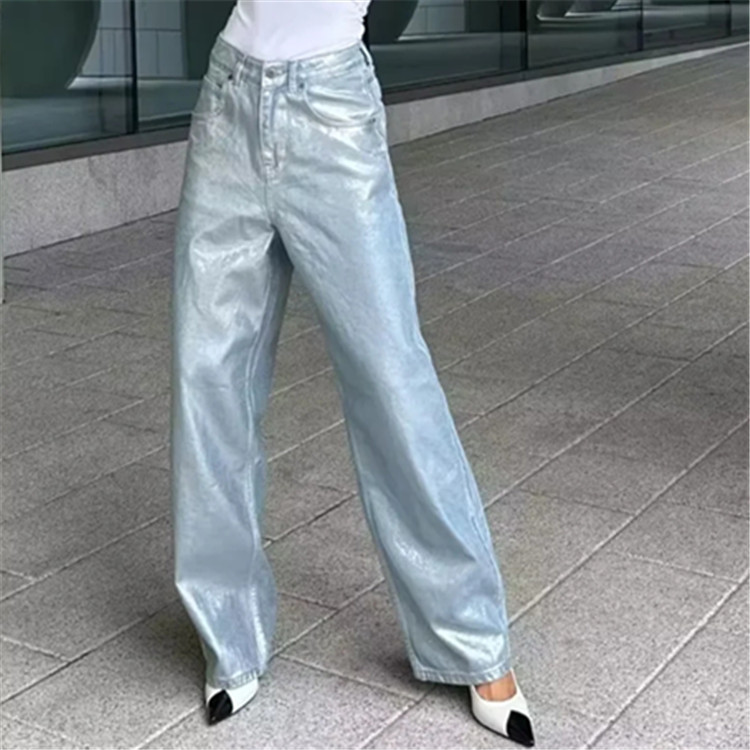 American blogger silver high waist straight pants autumn and winter women's clothing New loose wide leg pants slimming Denim trousers American blogger silver high waist straight pants autumn and winter women's clothing New loose wide leg pants slimming Denim trousers