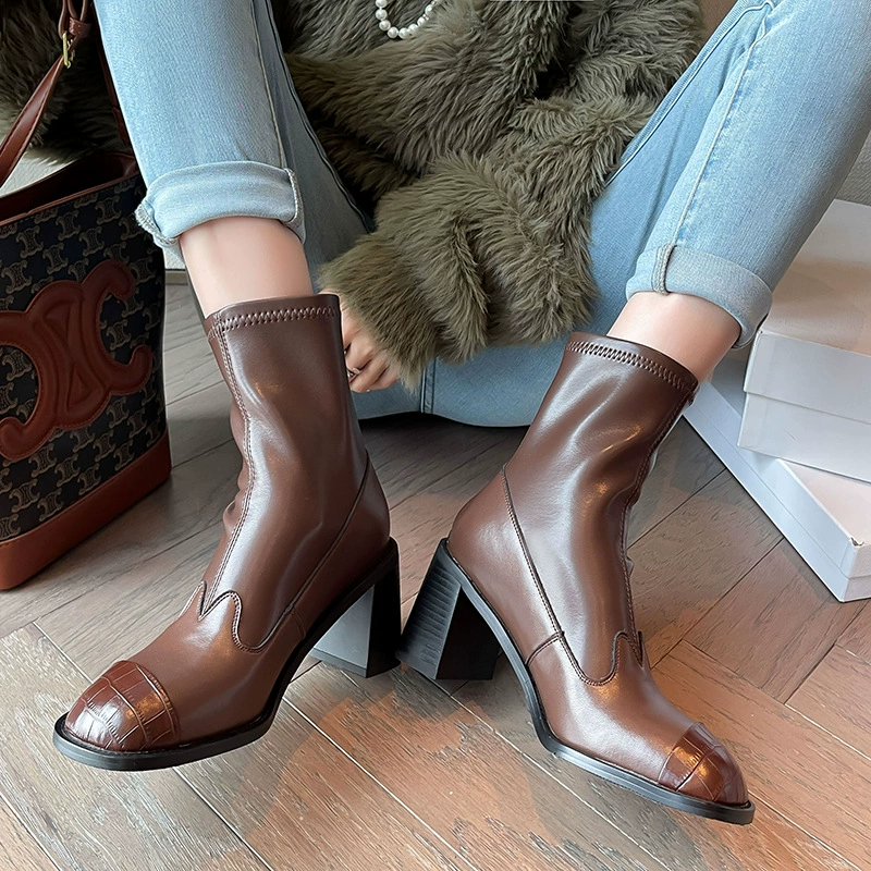 Винтажные кожаные сапоги на высоком каблуке осень и зима 2023 новые одиночные сапоги эластичные тонкие сапоги из натуральной кожи с круглым носком на массивном каблуке ботильоны