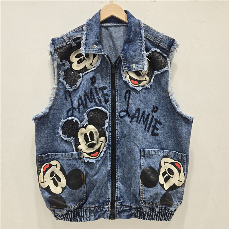 Marca de marea europea 2026 primavera nueva impresión de dibujos animados sequinado denim bordes de lana sensación de diseño chaleco suelto de moda image 1