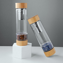 Natural Crystal Gravel Glass Energy Cup with Bamboo Lid and Filter Mesh; Glass Tea Infuser Bottle with Gemstone-Embedded Tea Cup