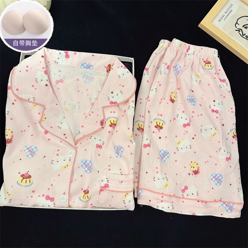 Venta al por mayor transfronteriza con almohadilla para el pecho Nube de algodón nuevo pijama de dibujos animados para mujer lindo pantalones cortos de manga corta rebeca solapa servicio a domicilio