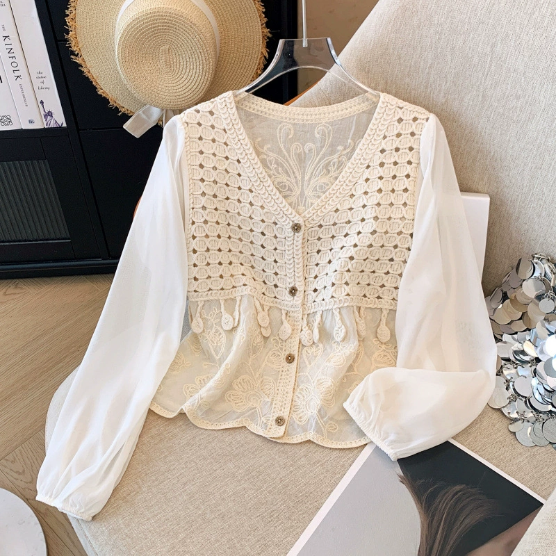 2025 Осенний женский элитный жаккардовый свитер с вышивкой, новая короткая шифоновая рубашка с сращиванием, топ в корейском стиле