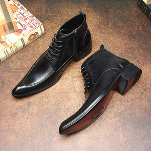 Fashionable personality Super pointed toe pointed toe social banquet men's boots top layer soft cowhide height increasing men's Martin boots