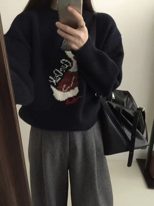 氛围感卡通小鸭子提花圆领针织衫女秋冬新款宽松慵懒时尚百搭毛衣|undefined