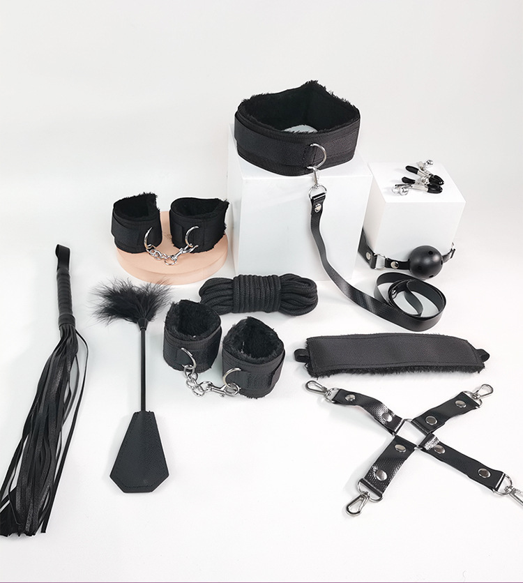 SM Bondage Ten-Piece Set, Black and Red, PU Leather and Plush, Nipple Clamps, Cuffs, Gag — detail image 28