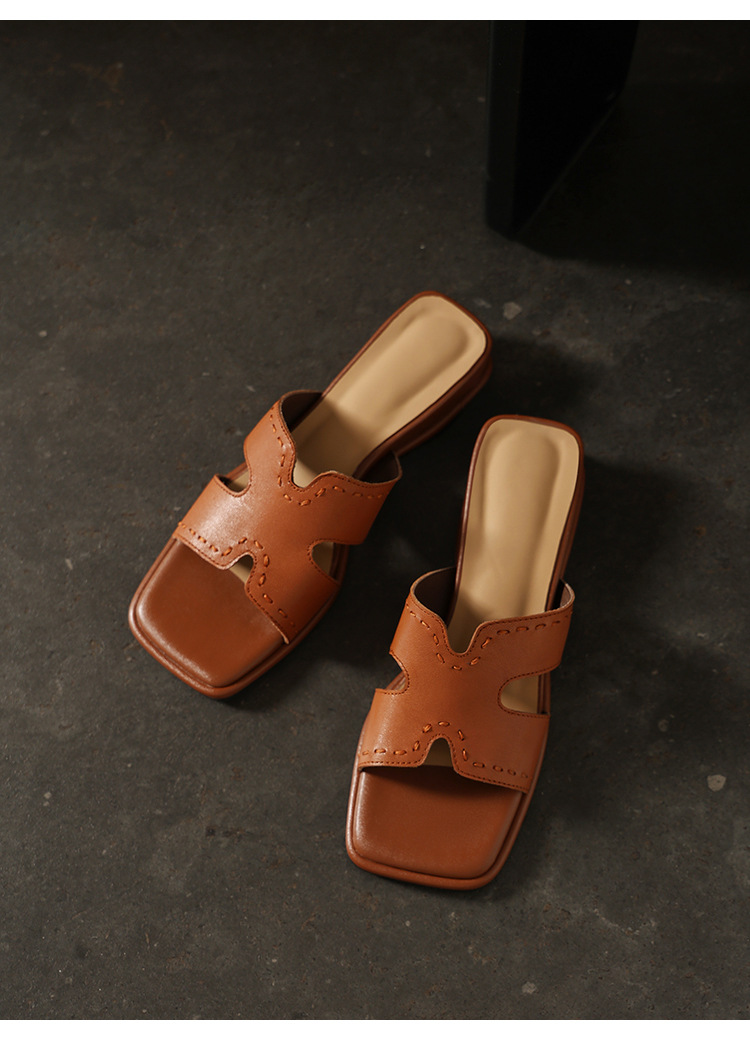 Dép sandal nữ quai chữ V đầu vuông đế bệt da dê — màu nâu chi tiết 20