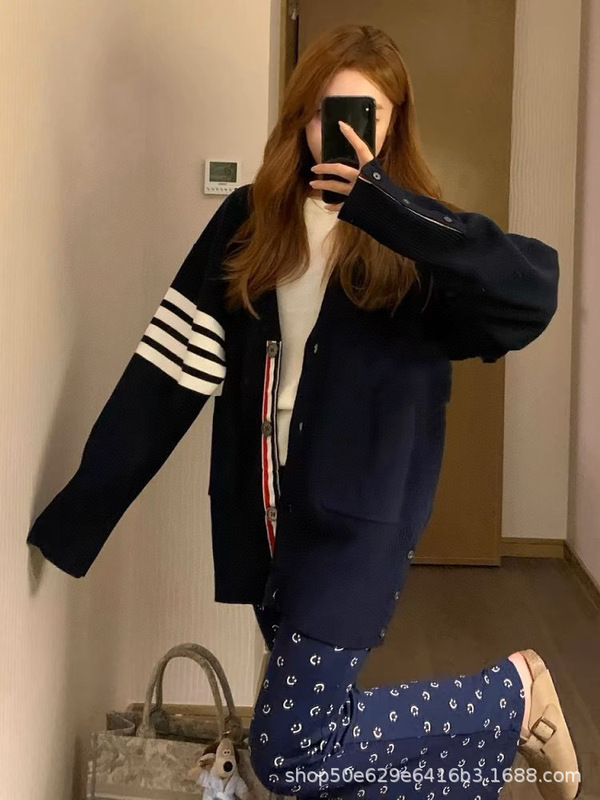 tb四道杠V领羊毛针织开衫情侣男女中长款宽松慵懒风秋冬毛衣外套|undefined