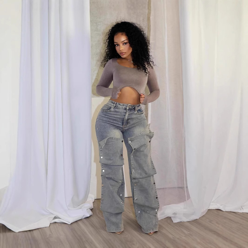 2024 Autumn and Winter New Street Fashion Detachable Hidden Button Design Irregular Jeans High Waist Straight Trousers 2024 Autumn and Winter New Street Fashion Detachable Hidden Button Design Irregular Jeans High Waist Straight Trousers